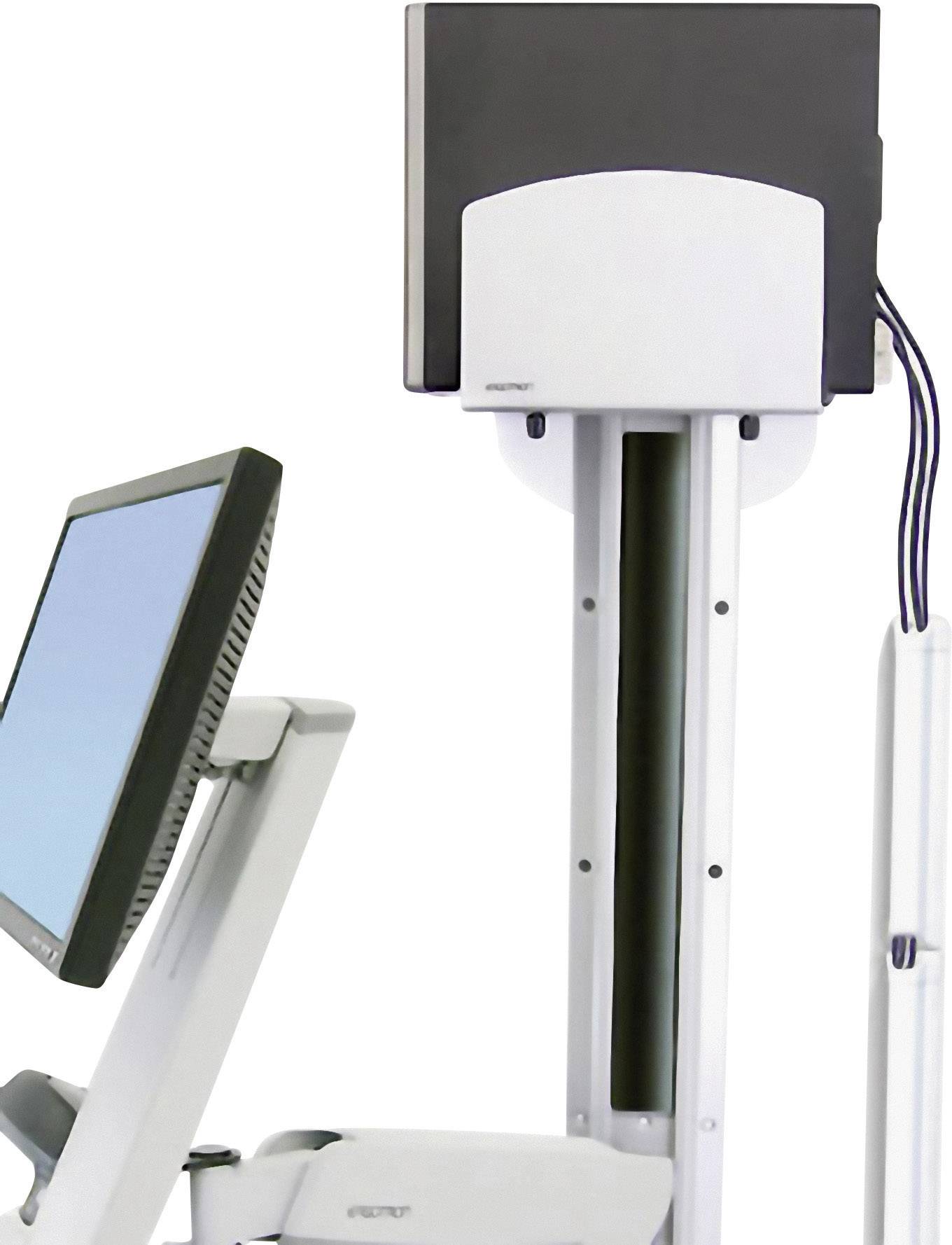 Egy orvosi berendezés, amelynek számítógép képernyője és függőleges állványa van. A készülék kábelei a felső részén lévő csatlakozókhoz futnak.