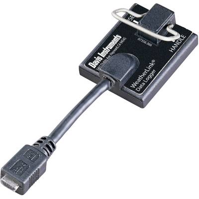 Egy kisméretű fekete Davis Instruments adatgyűjtő eszköz, mini USB-kábellel csatlakoztatva.