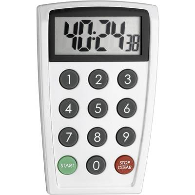 Elektronikus időzítő számbillentyűzettel, fekete kijelzővel. Kijelzi a '40:24.38' időt. Zöld gomb 'INDÍTÁS', piros gomb 'STOP/TÖRLÉS'.