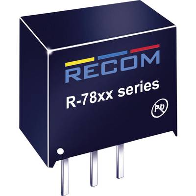 'RECOM R-78xx sorozatú feszültségátalakítók, kék doboz három fémcsatlakozóval. Logó és felirat színesen a felső oldalon.'