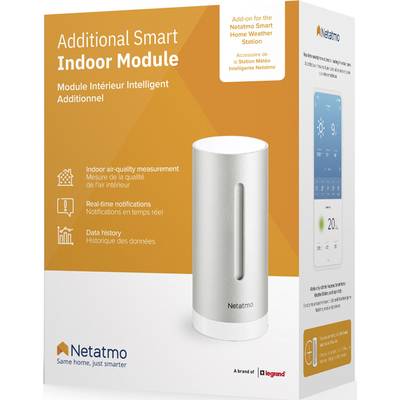 Kiegészítő modul a Netatmo időjárás-állomáshoz. Méri a levegő minőségét, hőmérsékletet, páratartalmat és adattörténetet. Ezüst henger.
