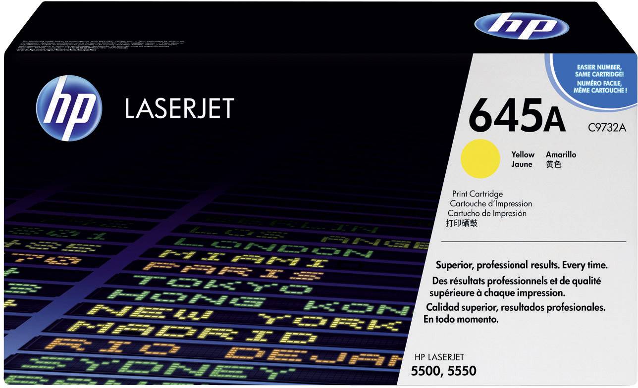 HP LaserJet festékpatron 645A, Sárga. Termékspecifikációkat bemutató csomagolási dizájn. A szöveg professzionális nyomtatási minőséget ígér.