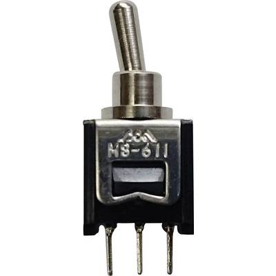 Egy fémből készült billenőkapcsoló három csatlakozóval alul, elektronikai alkalmazásokhoz és áramköri vezérléshez alkalmas.