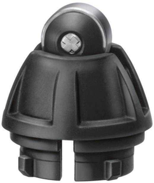 Egy fekete, gömb alakú mechanikai alkatrész központi csavarral és hornyokkal. Valószínűleg egy csatlakozóelem vagy csukló.
