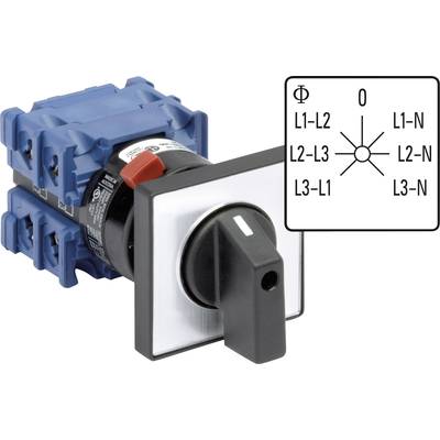 Egy fekete forgókapcsoló elektromos csatlakozások jelölésével: 'L1-L2', 'L2-L3', 'L3-L1', 'L1-N', 'L2-N', 'L3-N'.
