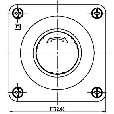 Műszaki rajz egy négyzet alakú lemezről, központi kerek forgógombbal és nyilakkal. Méret: 72 mm szélesség.