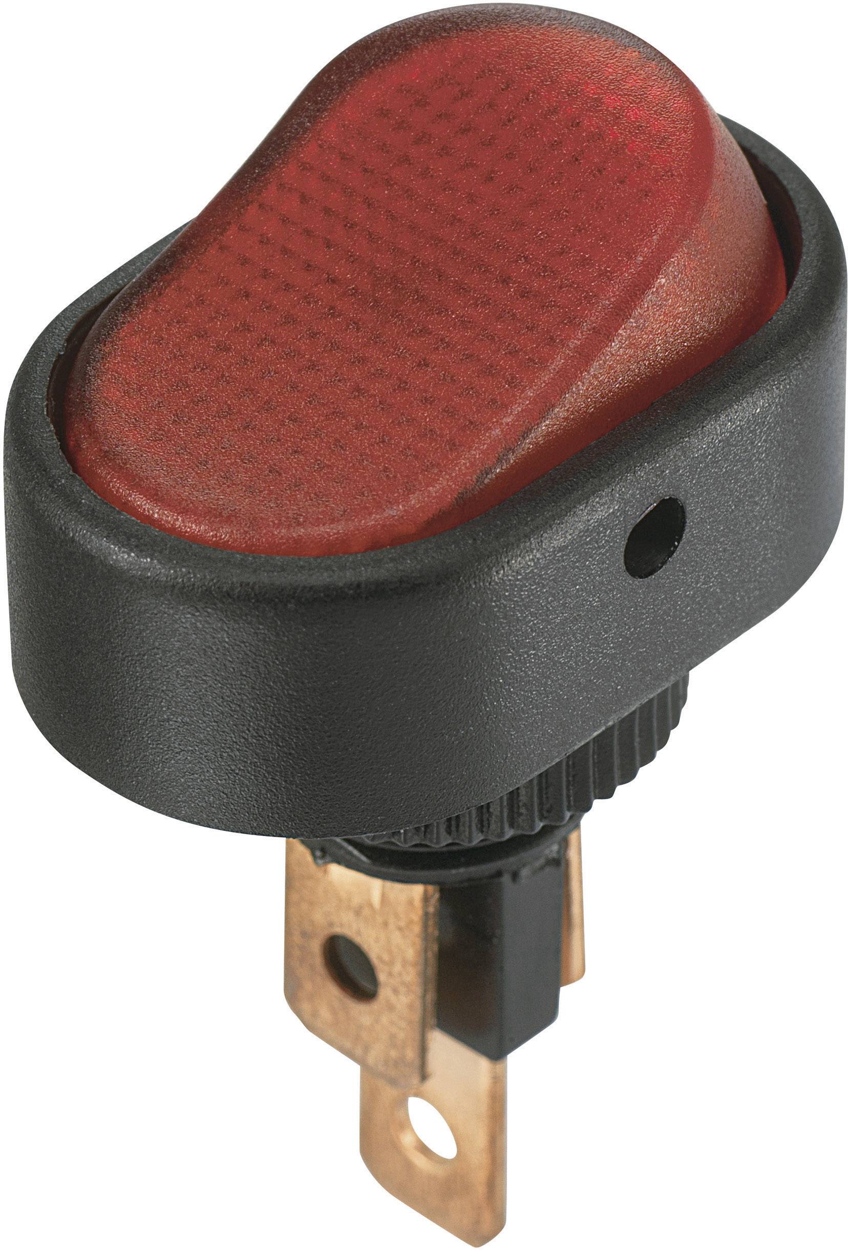 Egy piros billenőkapcsoló fekete házzal, elektronikai eszközökhöz megfelelő, jelzi a pozícióját, amikor aktiválva van.