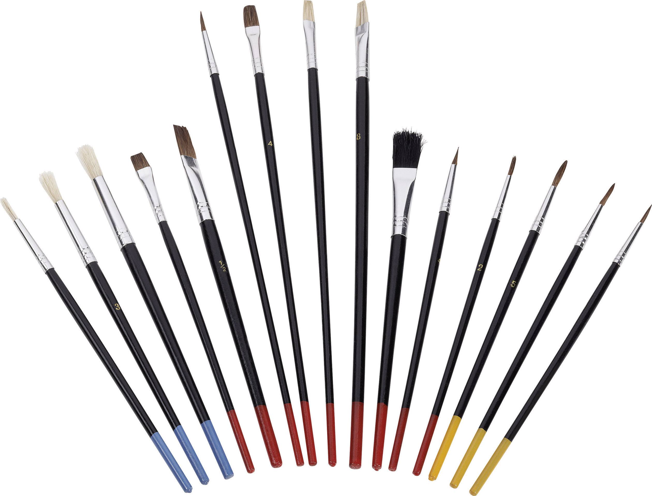 Különböző ecsetek fekete nyéllel és piros, sárga vagy kék végekkel legyezőszerűen elrendezve fekszenek egy felületen.