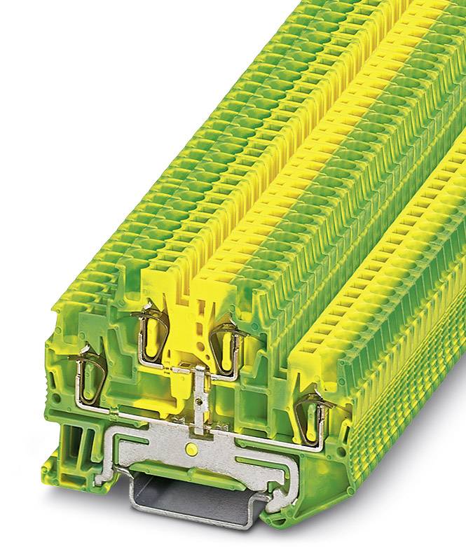 Sárga-zöld sorkapocs elektromos csatlakozásokhoz, moduláris felépítéssel és fém csatlakozókkal kábelek rögzítéséhez.