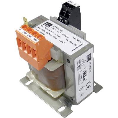 Egy elektromos transzformátor több csatlakozóval és biztonsági jelölésekkel egy fémházban.