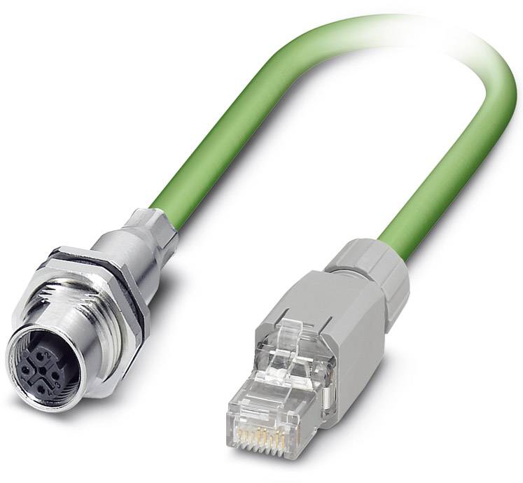 Zöld Ethernet-kábel RJ45-dugóval és M12-csatlakozóval, ipari hálózati csatlakozási megoldást mutat.