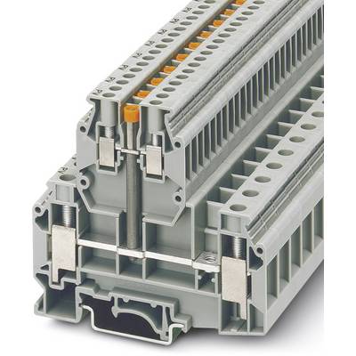 Szürke elektromos sorkapocs több csatlakozási lehetőséggel és narancssárga nyomógombokkal. Stabil huzalozáshoz alkalmas.