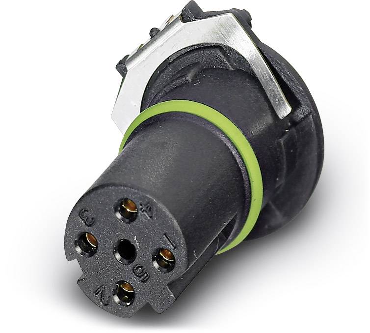 Fekete elektromos csatlakozó kerek fémérintkezőkkel és zöld gyűrűvel, amely biztonságos kapcsolatot biztosít elektronikai eszközökben.