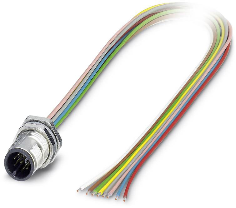 Színes kábelek, amelyek egy kerek csatlakozóhoz vannak kötve elektronikai kapcsolatokhoz.