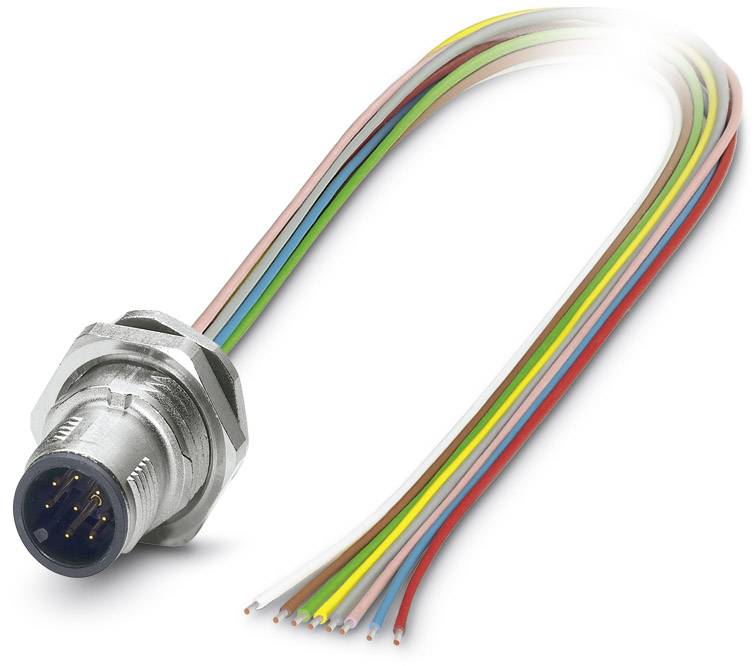 Egy többszínű kábel, kerek fémcsatlakozóval, amelyet elektronikai eszközök csatlakoztatásához használnak.