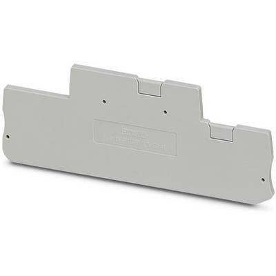 Egy szürke elválasztó elem elektromos csatlakozásokhoz. Téglalap alakú felépítésű, lekerekített élekkel és felirattal ellátott.