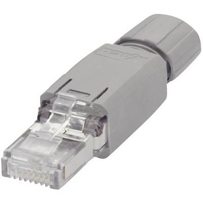 Egy szürke Ethernet-csatlakozó műanyag retesszel és forgó kábelvédelemmel a végén.