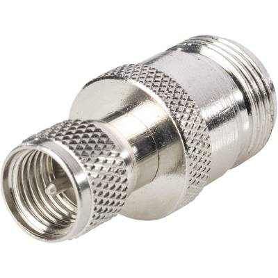 Egy ezüstszínű koaxiális adapter rovátkás fogantyúval és két eltérő csatlakozómérettel kábelek összekötéséhez.