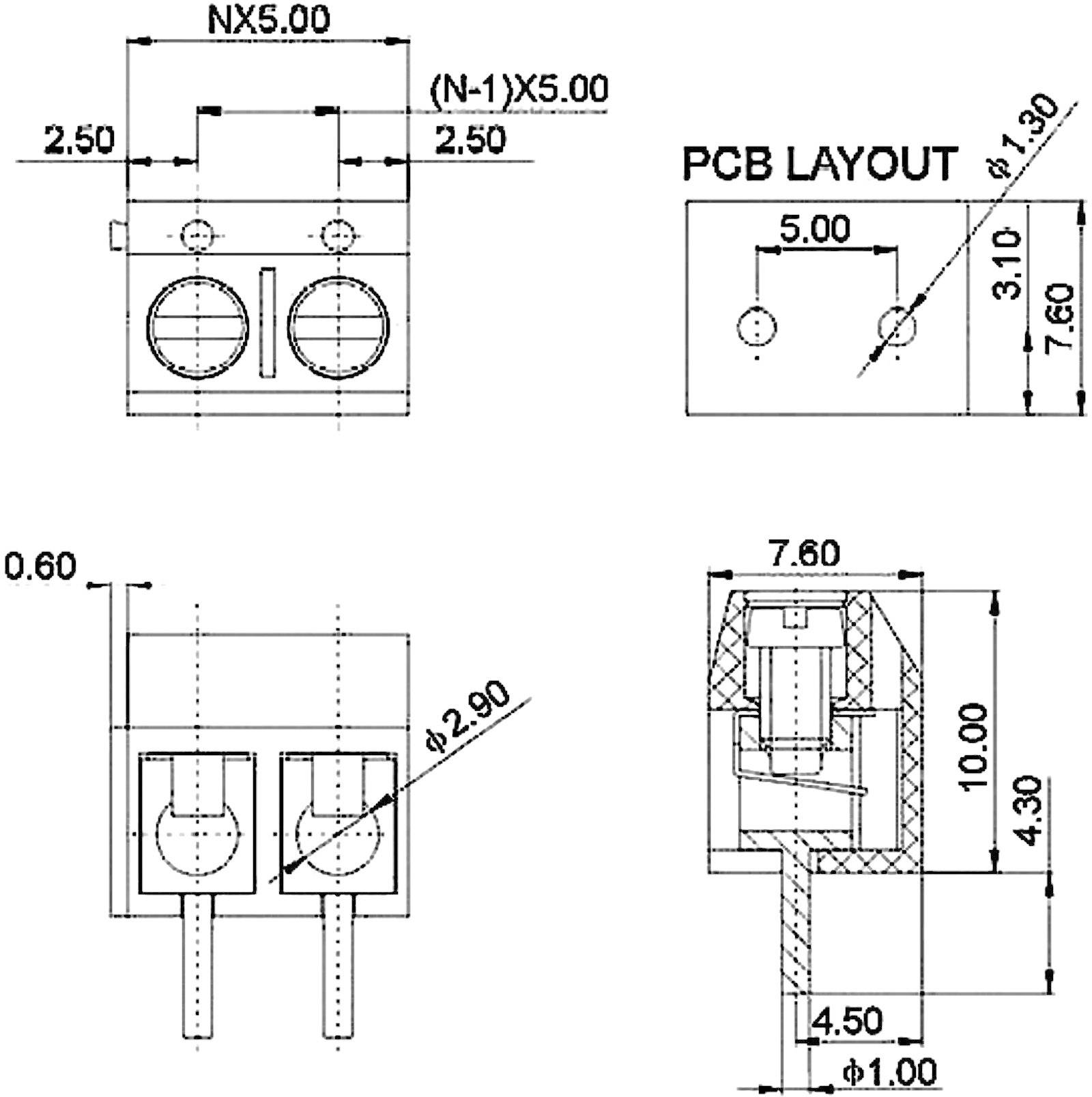Egy kétpólusú elektromos komponens műszaki rajza méretekkel és lyukakkal PCB-telepítéshez, elölnézet és oldalnézet.