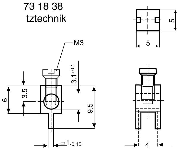 Egy szerelési komponens műszaki rajza. Méret: 5x5 mm felül, 9,5 mm magasság. Furat átmérő 3 mm (M3). Gyártó: tztechnik.