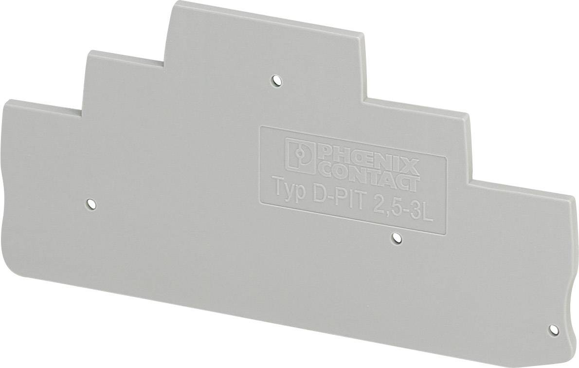 Szürke műanyag alkatrész lépcsőzetes felső szélekkel és 'Phoenix Contact Típus D-PIT 2,5-3L' felirattal; válaszfalként használatos.