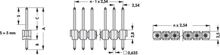 Csatlakozók műszaki rajza, amely mutatja a tűk méreteit és távolságát. Fő méretek: szélesség 2,54 mm, osztástávolság 2,54 mm.