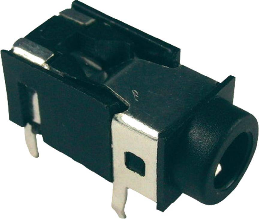 Fekete csatlakozóaljzat kábelhez, téglalap alakú, fém érintkezőkkel az oldalán, elölnézet balról.