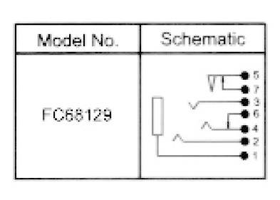 'FC68129 típusszámú modell' egy kapcsolási rajzot mutat öt beszámozott érintkezési ponttal, amelyek vezetékekkel vannak összekötve.