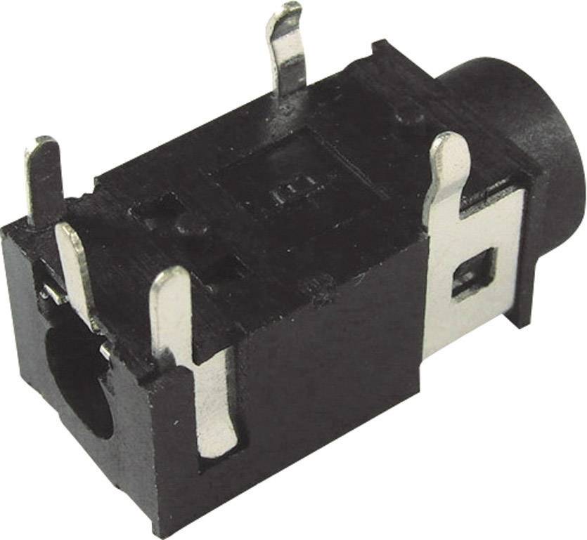 Egy fekete, téglalap alakú egyenáramú tápcsatlakozó több fémcsatlakozóval az elektromos kapcsolódáshoz.