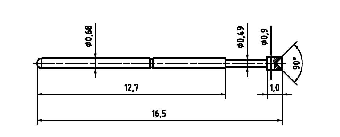 Műszaki rajz egy tollról méretekkel: teljes hossz 16,5 mm, fő rész 12,7 mm, átmérő változó 0,68-tól 0,9 mm-ig.