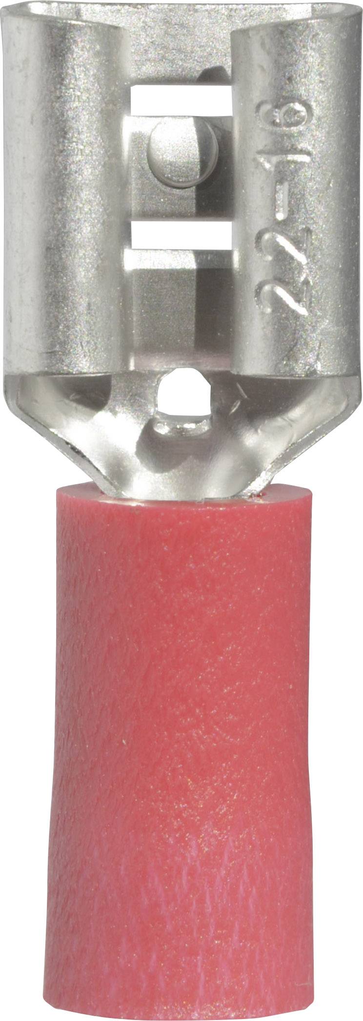 Piros szigetelt fogantyúval és fémrögzítéssel ellátott krimpcsatlakozó. Biztonságos kábelkötések kialakítására használják az elektrotechnikában.