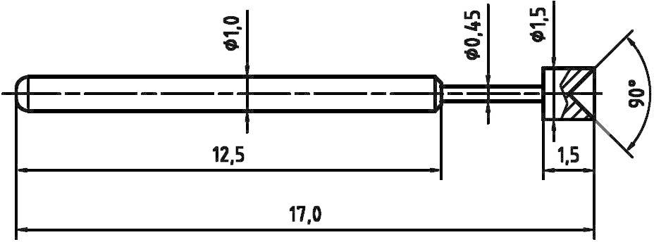 Műszaki rajz egy csavarról: Hosszúság 17,0 mm, fő átmérő 1,0 mm, csúcsi átmérő 0,45 mm, végszög 90 fok.