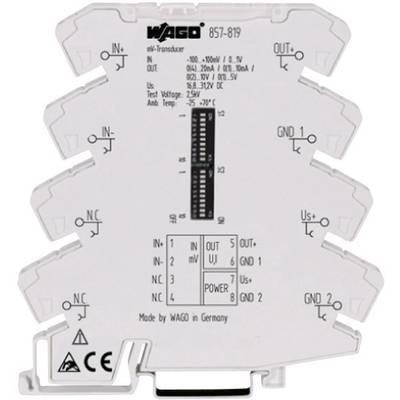 WAGO elektromos jelátalakító, 857-819-es modell. Bemutatja a bemeneti/kimeneti áramtartomány műszaki specifikációit és diagramját.