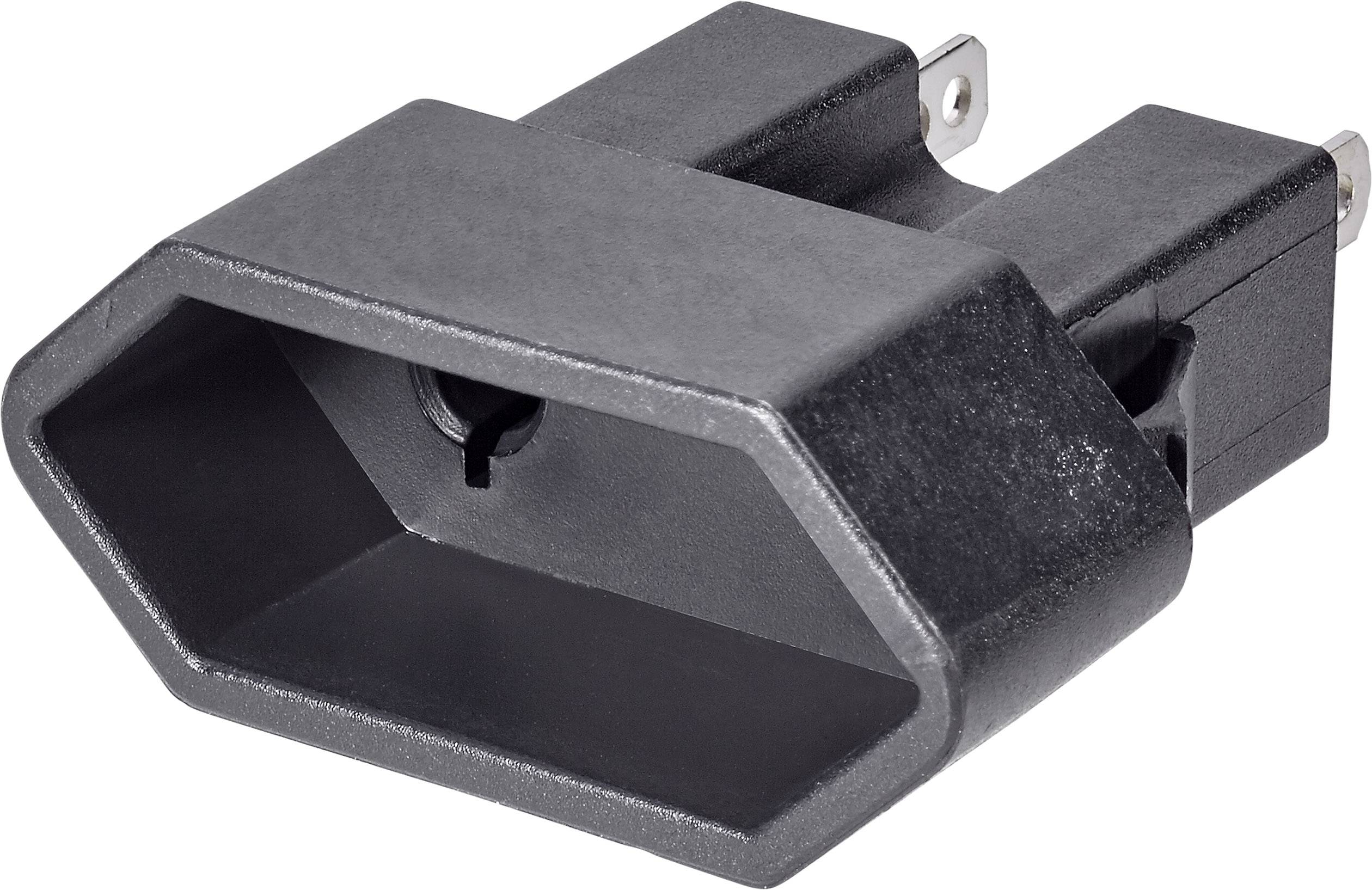 Egy fekete elektromos adapter dugasz fémcsatlakozókkal.