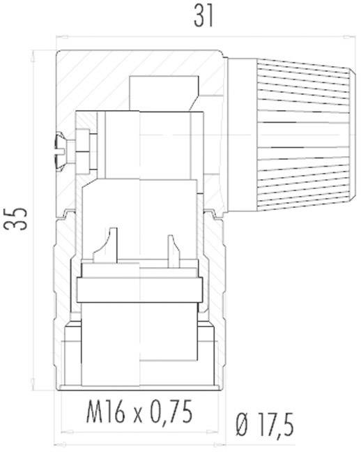 Egy M16 x 0,75 menetes csatlakozó műszaki rajza. Méretek: 31 mm hosszúság, 35 mm magasság, 17,5 mm átmérő.