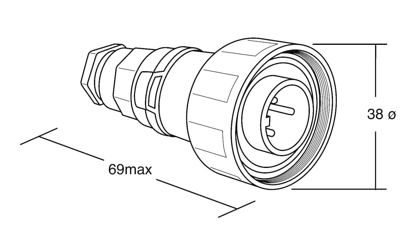 Egy 69 mm maximális hosszúságú és 38 mm átmérőjű hengeres csatlakozó rajza.