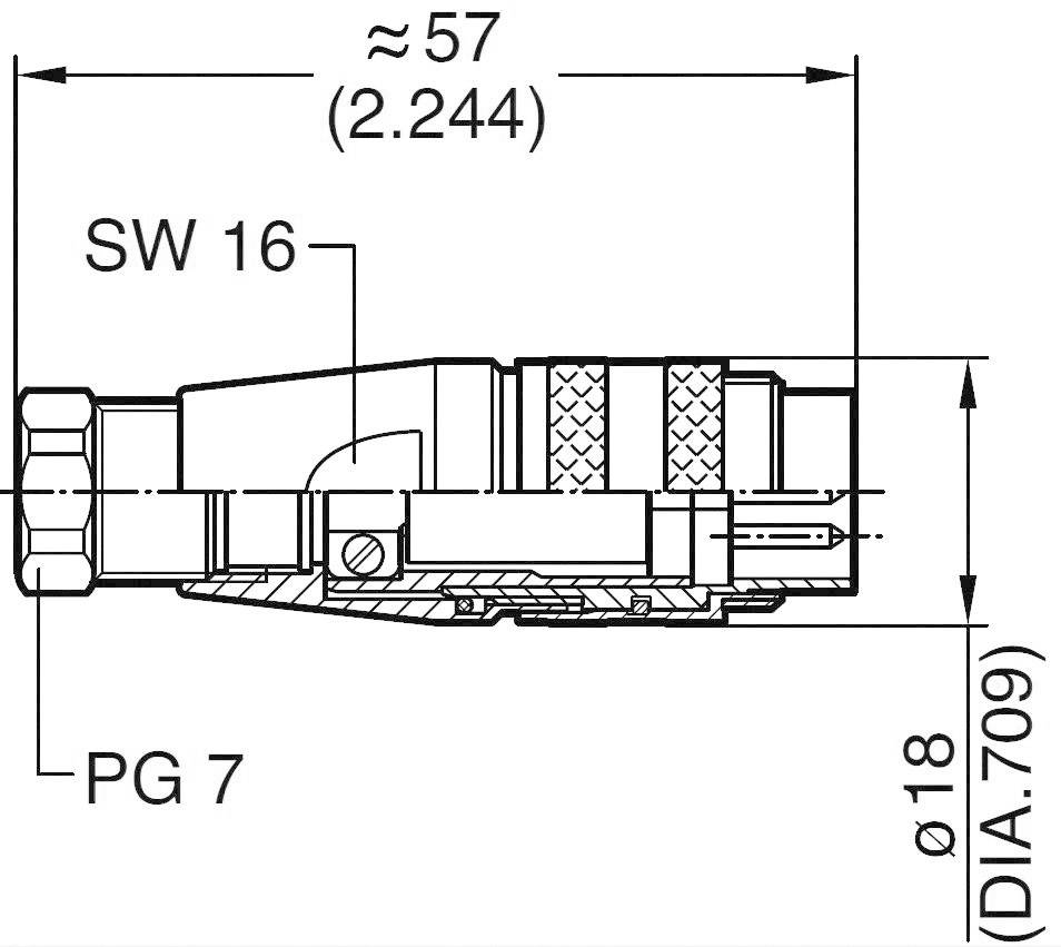 Műszaki rajz egy csatlakozóról, méretekkel: hosszúság kb. 57 mm, átmérő kb. 18 mm, SW 16, PG 7. Metszeti nézet.