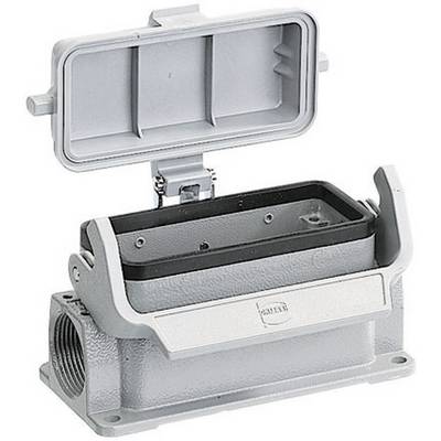 Egy téglalap alakú, szürke elektromos ház nyitott fedéllel, ipari csatlakozók számára alkalmas.