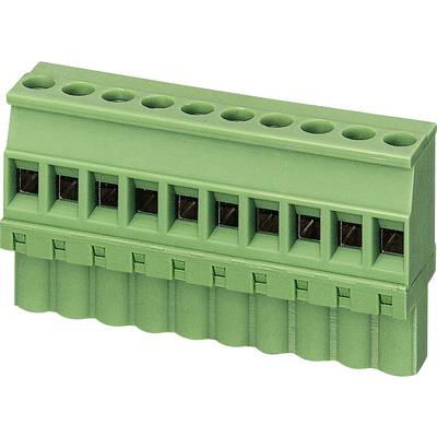 Zöld, téglalap alakú elektromos csatlakozó több sorban elhelyezkedő csatlakozókapoccsal, amely alkalmas vezeték bekötésére.