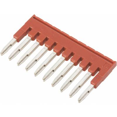 Egy vörös jumperblokkot nyolc fémcsatlakozóval, amelyet elektromos csatlakoztatásra és konfigurálásra használnak nyomtatott áramkörökön.