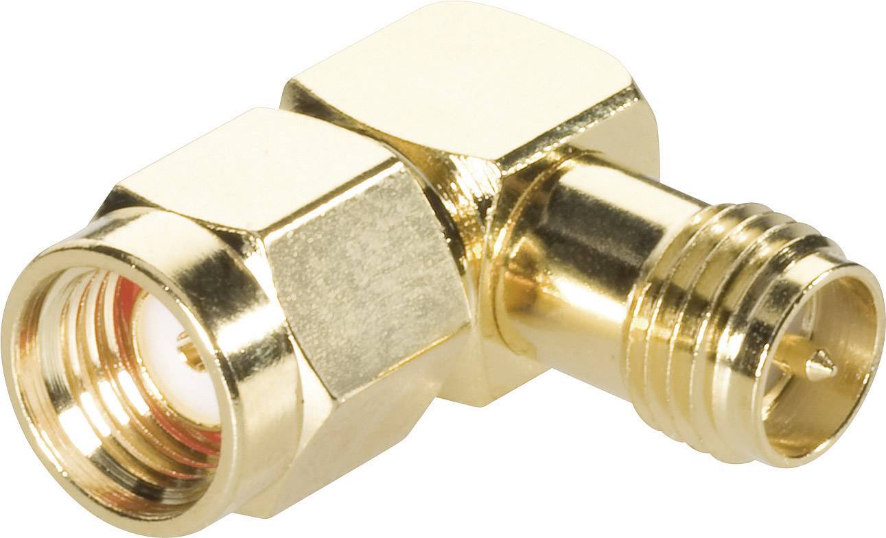 Egy arany 90 fokos koaxiális kábel adapter belső és külső menettel. Szűk helyeken történő csatlakoztatásokhoz tervezve.