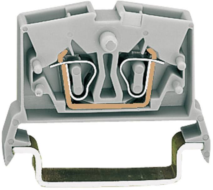 Két kapoccsal és fémösszekötőkkel ellátott elektromos csatlakozóblokk ábrázolása szürke házban.