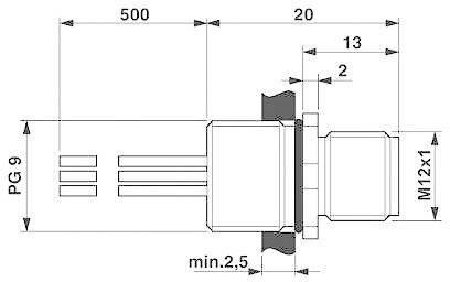 Műszaki rajz egy kábel csatlakozóról méretekkel: hosszúság 500 mm, átmérő M12x1, minimális távolság 2,5 mm, PG 9 menet.