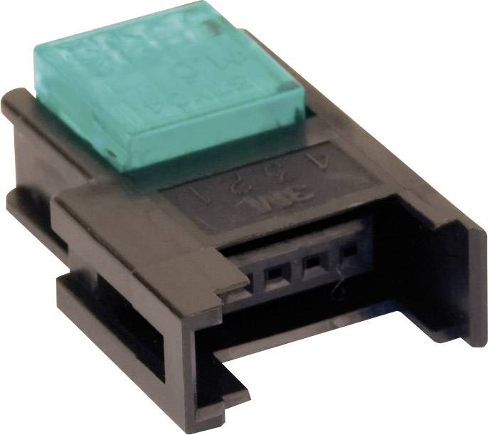 Egy fekete műanyag csatlakozó, amelyen egy zöld, enyhén áttetsző műanyag rész található. Elektronikai csatlakozásokhoz használják.