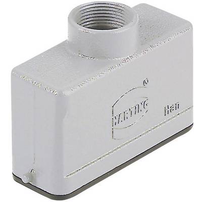 Téglalap alakú szürke fémház felső menettel és a 'Harting Han' felirattal, elektromos csatlakozásra szolgál.