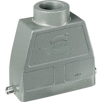 Szürke Harting ipari csatlakozóház lyukakkal kábelcsatlakozók számára, jól látható Harting-jelöléssel.