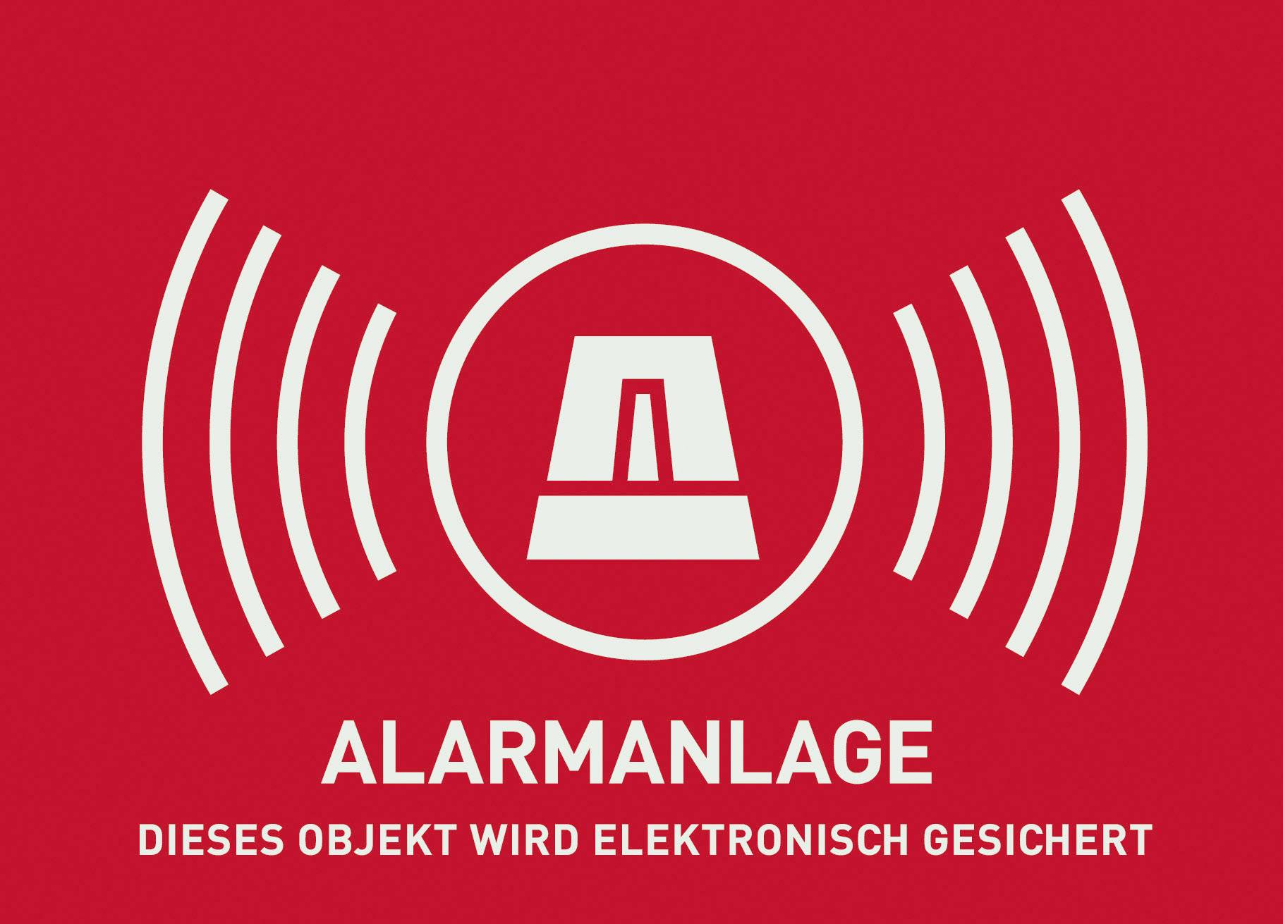 Riasztórendszer: Ez az objektum elektronikusan védett. Egy riasztási szimbólum hullámos hanghullámokkal piros háttér előtt.