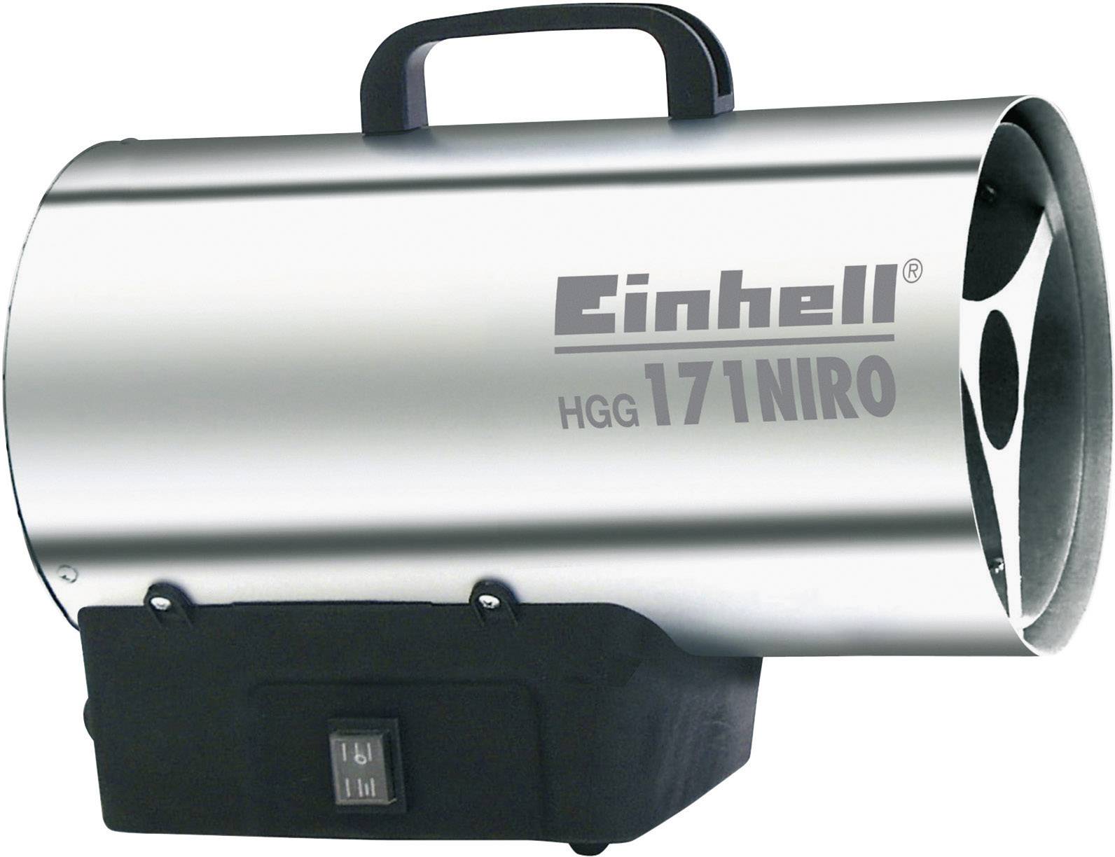 Egy Einhell fűtőventilátor, 'HGG 171 Niro' modell, fémből készült, fekete talppal és fogantyúval, alkalmas építkezésekre vagy műhelyekbe.