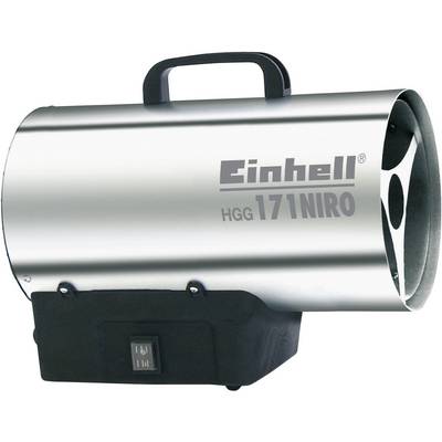 Egy Einhell fűtőventilátor, 'HGG 171 Niro' modell, fémből készült, fekete talppal és fogantyúval, alkalmas építkezésekre vagy műhelyekbe.
