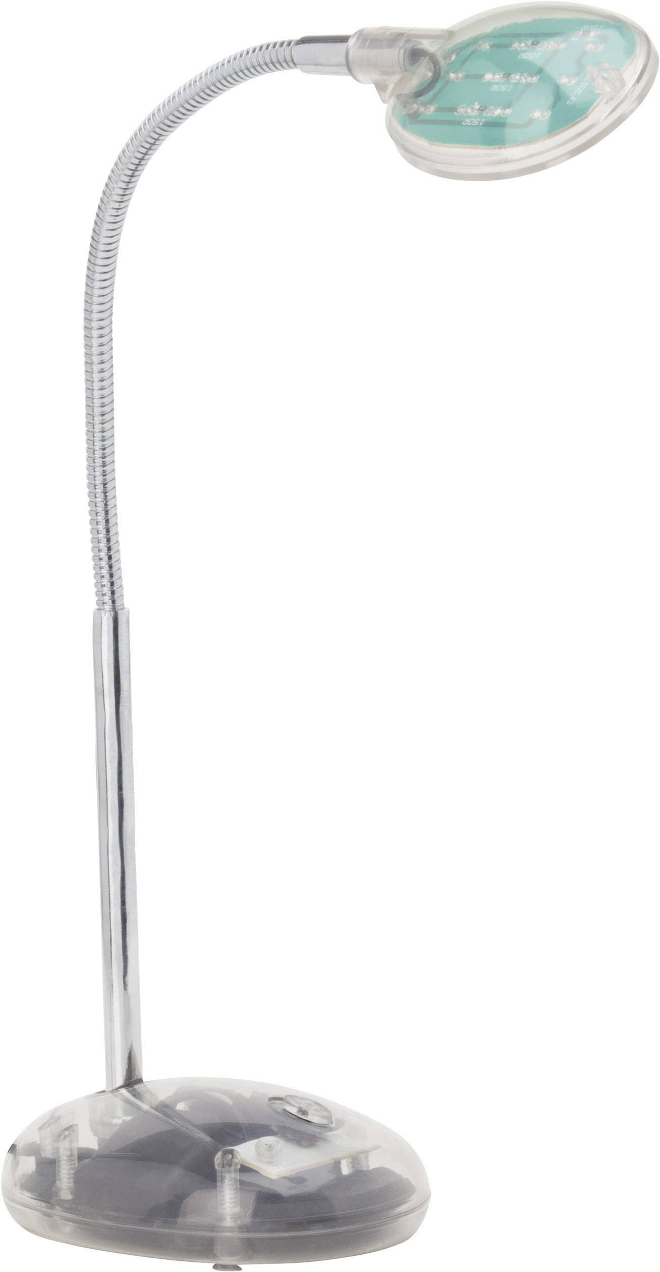 Egy rugalmas olvasólámpa ezüstös hattyúnyakkal és zöld lámpabúrával, átlátszó kerek talpazaton.